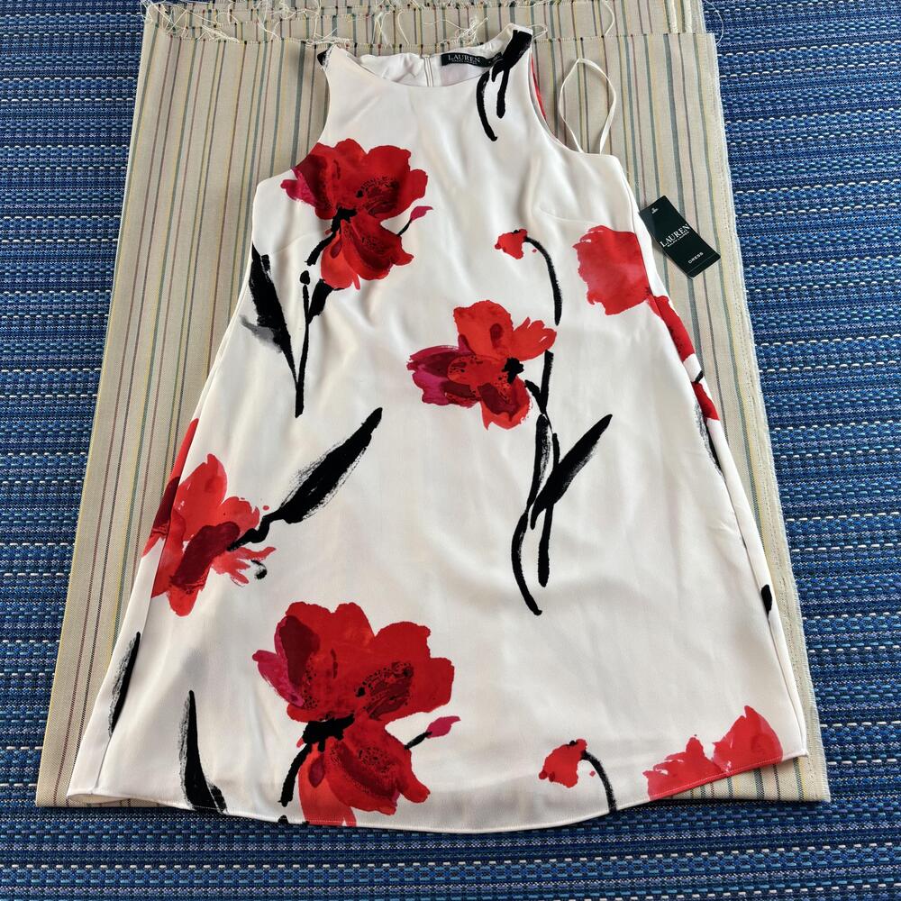 Lauren Ralph Lauren Dress Womens 6 White Red Floral Sleeveless Shift A Line NWT